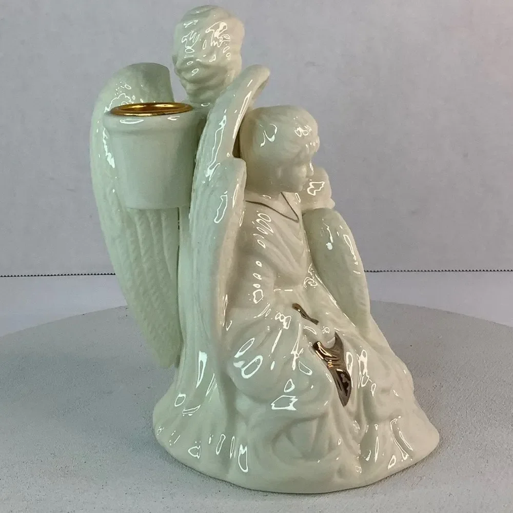 Angel Trio Ceramic Candle Holder White/Gold Christmas Home Decore 6”